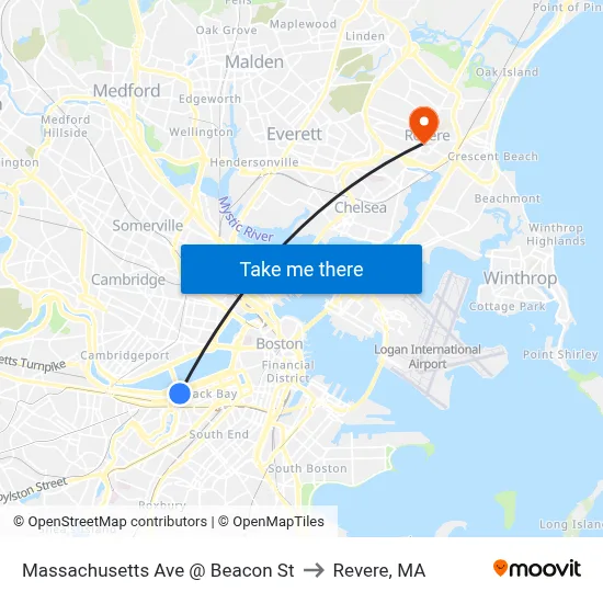 Massachusetts Ave @ Beacon St to Revere, MA map