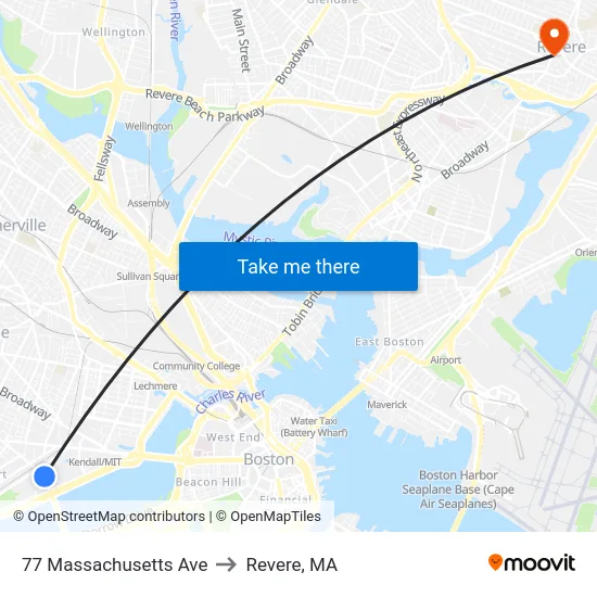 77 Massachusetts Ave to Revere, MA map
