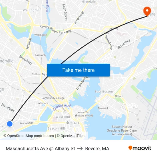 Massachusetts Ave @ Albany St to Revere, MA map