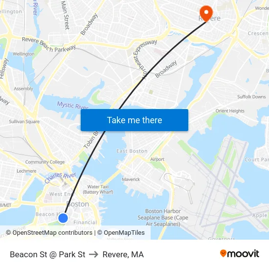 Beacon St @ Park St to Revere, MA map