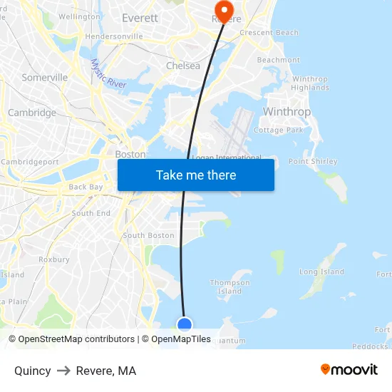Quincy to Revere, MA map