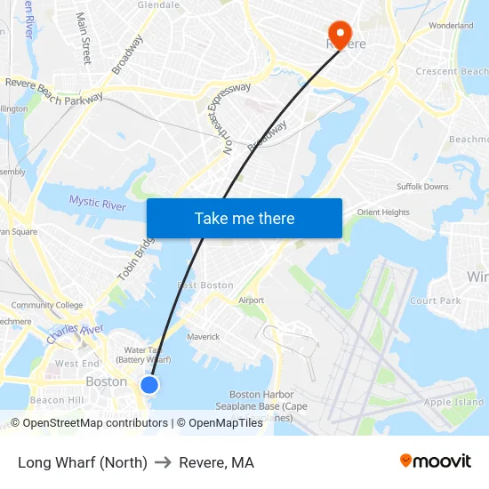 Long Wharf (North) to Revere, MA map