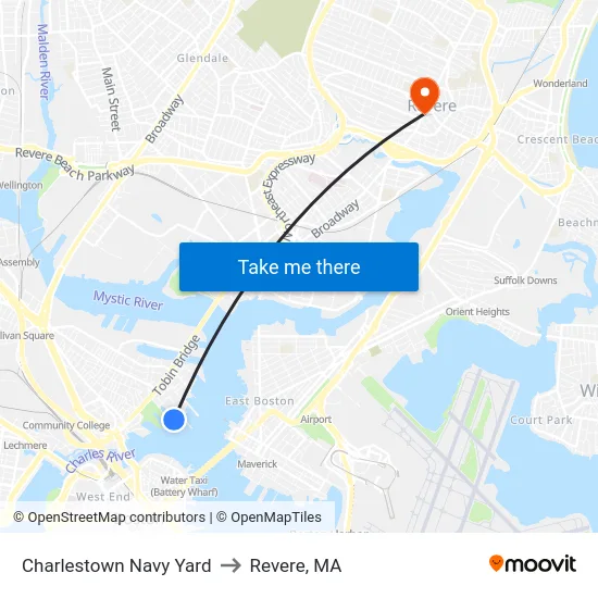 Charlestown Navy Yard to Revere, MA map