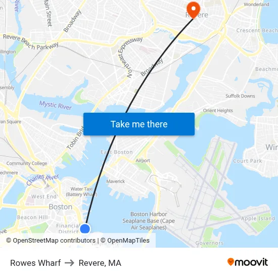 Rowes Wharf to Revere, MA map