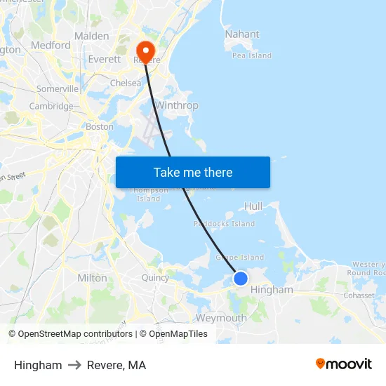 Hingham to Revere, MA map