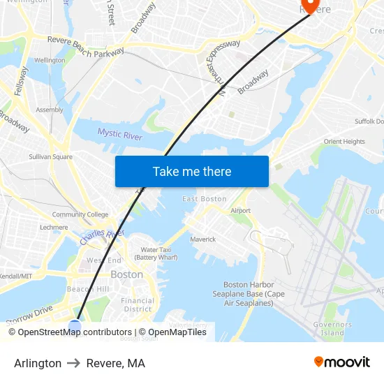 Arlington to Revere, MA map