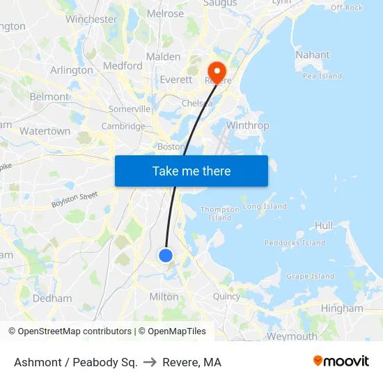Ashmont / Peabody Sq. to Revere, MA map