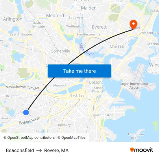 Beaconsfield to Revere, MA map