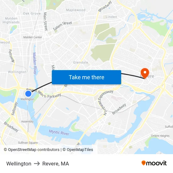 Wellington to Revere, MA map