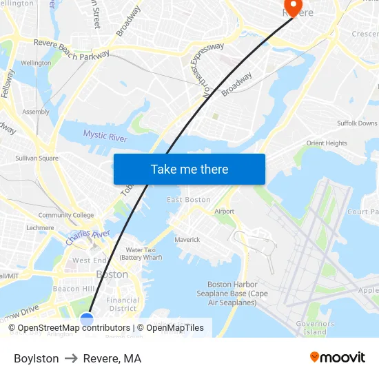 Boylston to Revere, MA map