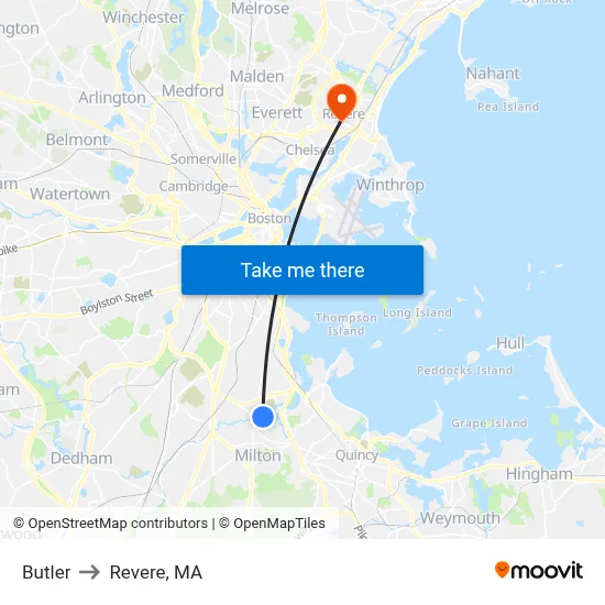 Butler to Revere, MA map
