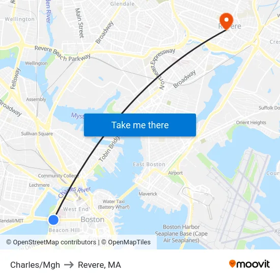 Charles/Mgh to Revere, MA map
