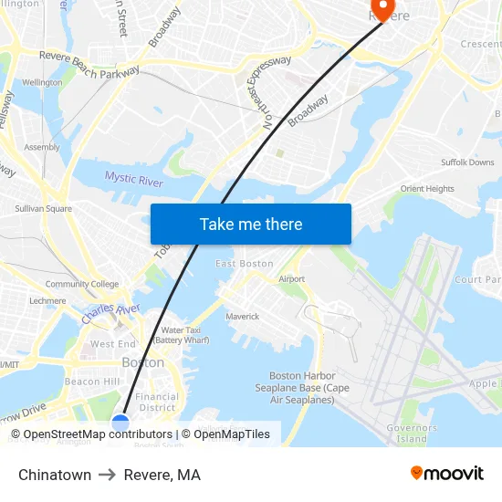 Chinatown to Revere, MA map