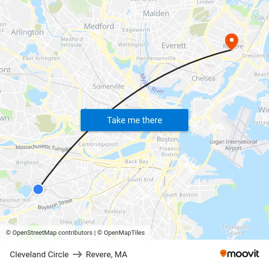 Cleveland Circle to Revere, MA map