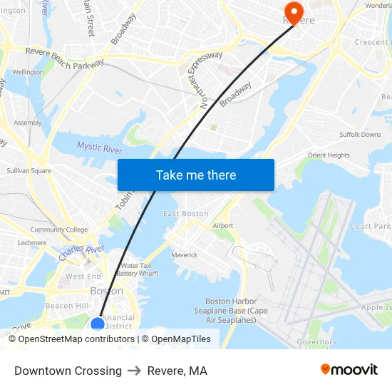 Downtown Crossing to Revere, MA map