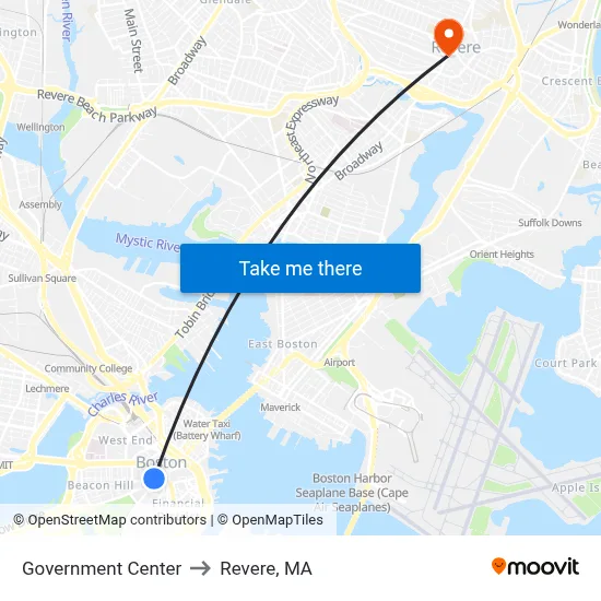 Government Center to Revere, MA map