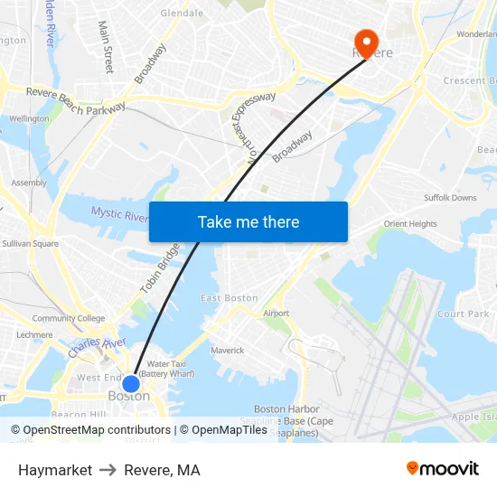 Haymarket to Revere, MA map