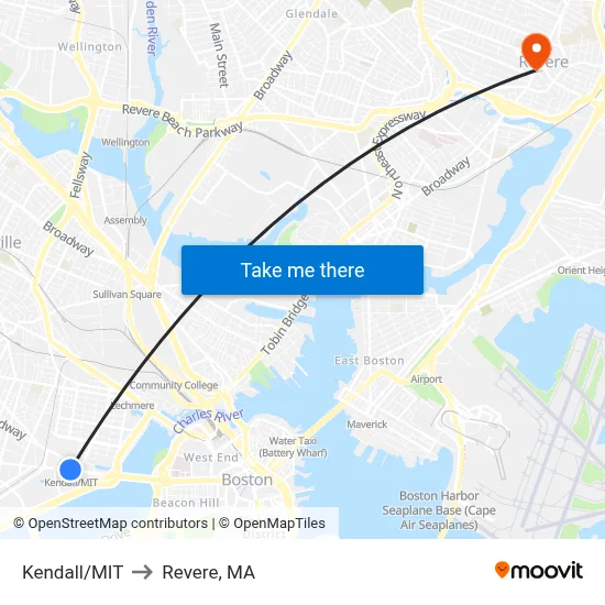 Kendall/MIT to Revere, MA map