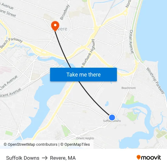 Suffolk Downs to Revere, MA map