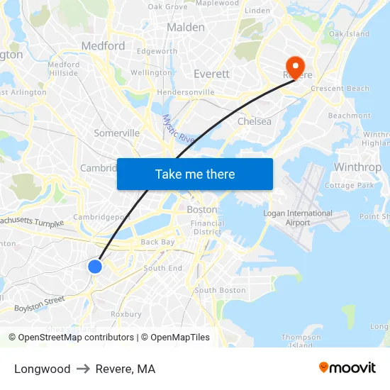 Longwood to Revere, MA map