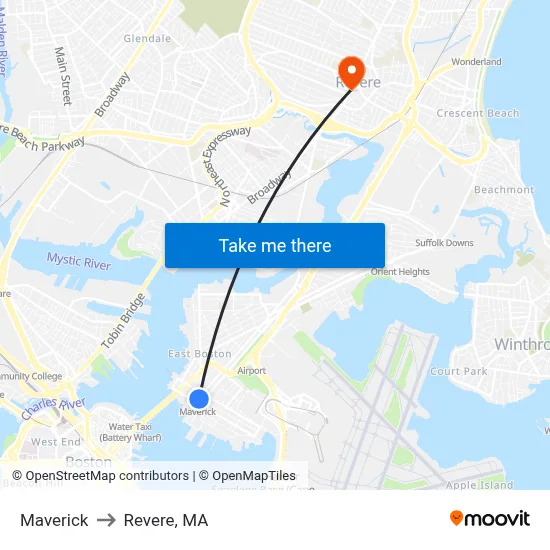 Maverick to Revere, MA map