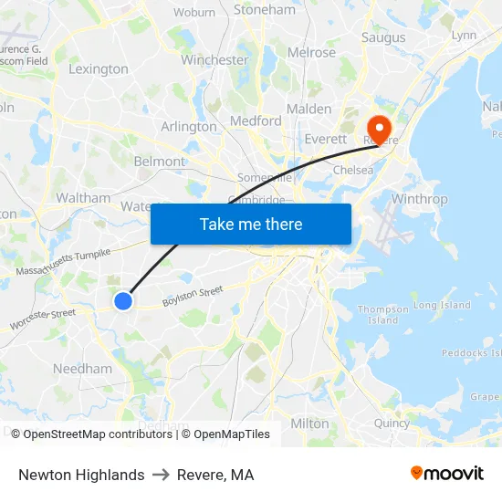 Newton Highlands to Revere, MA map