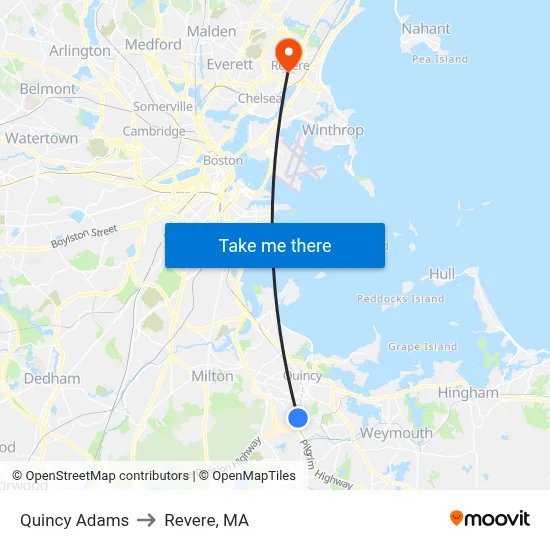 Quincy Adams to Revere, MA map