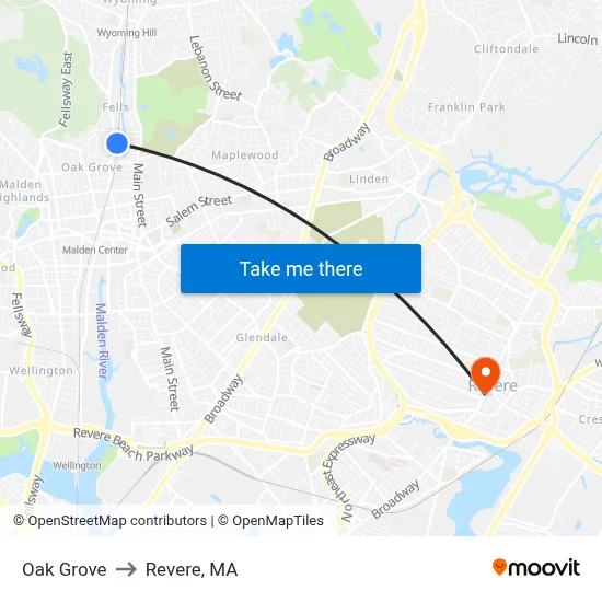 Oak Grove to Revere, MA map