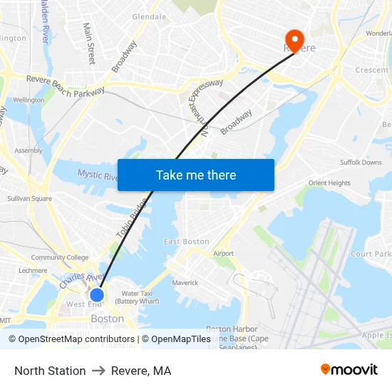North Station to Revere, MA map