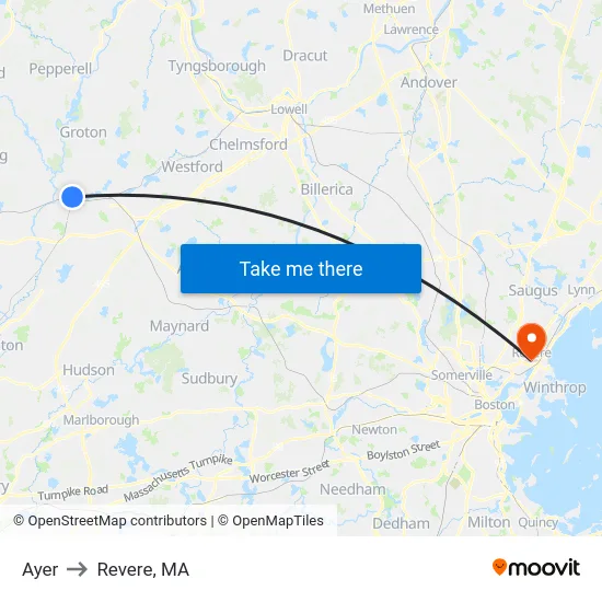 Ayer to Revere, MA map
