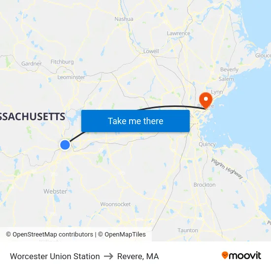 Worcester Union Station to Revere, MA map