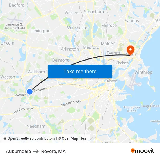 Auburndale to Revere, MA map