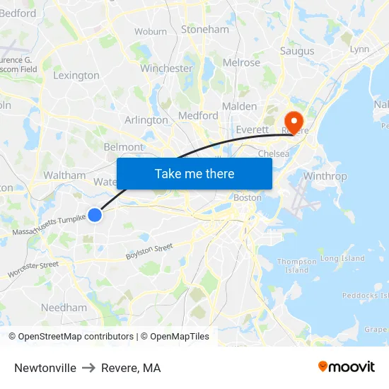 Newtonville to Revere, MA map