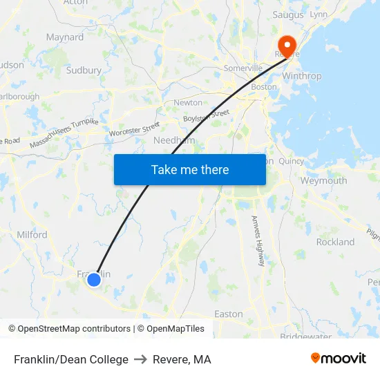 Franklin/Dean College to Revere, MA map