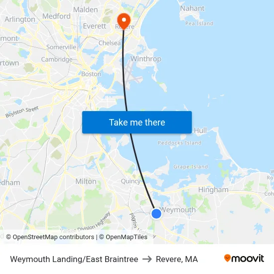 Weymouth Landing/East Braintree to Revere, MA map