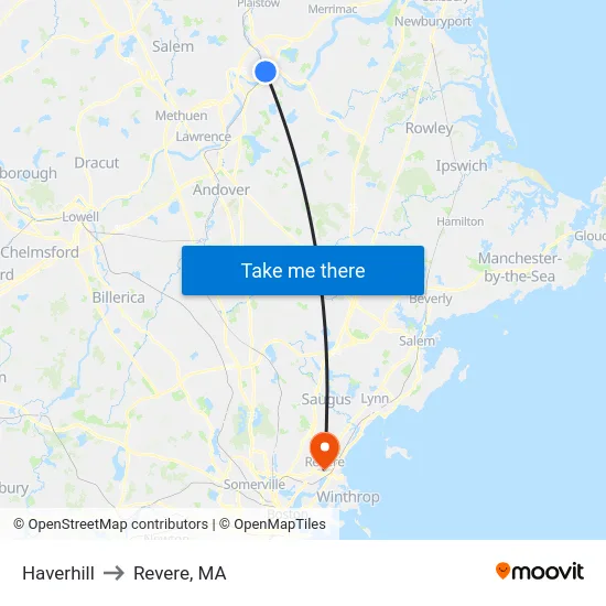 Haverhill to Revere, MA map