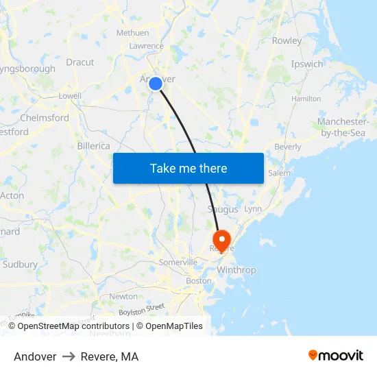 Andover to Revere, MA map