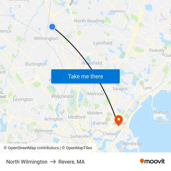 North Wilmington to Revere, MA map