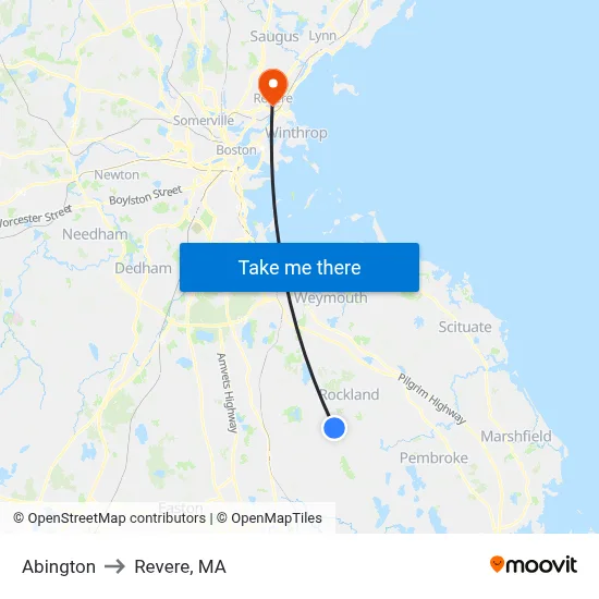 Abington to Revere, MA map
