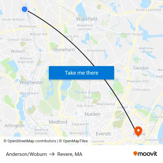Anderson/Woburn to Revere, MA map