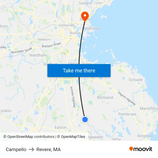 Campello to Revere, MA map