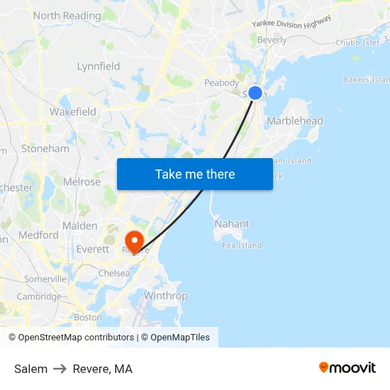 Salem to Revere, MA map
