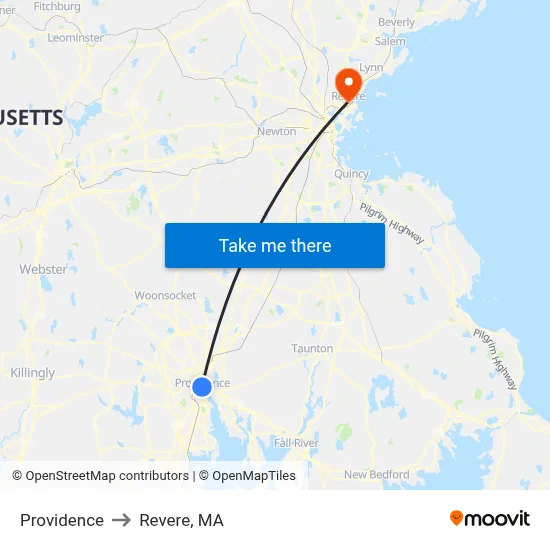 Providence to Revere, MA map