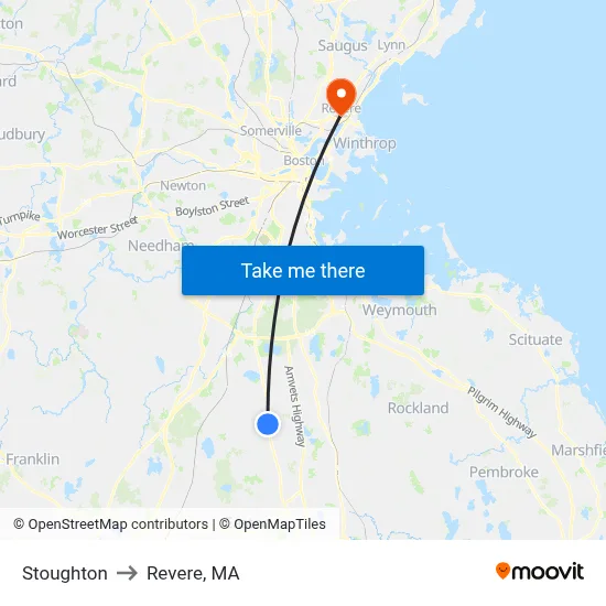 Stoughton to Revere, MA map