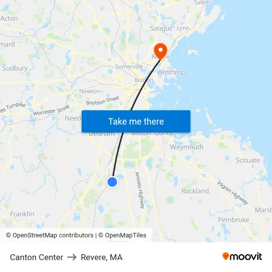Canton Center to Revere, MA map