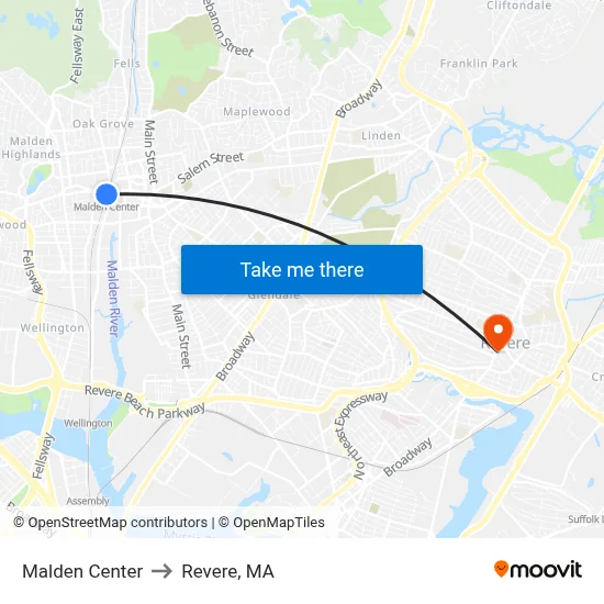 Malden Center to Revere, MA map