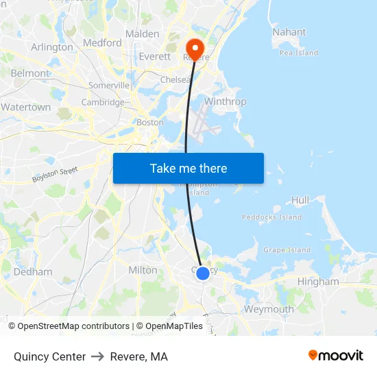 Quincy Center to Revere, MA map