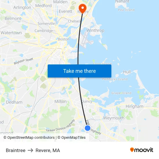Braintree to Revere, MA map