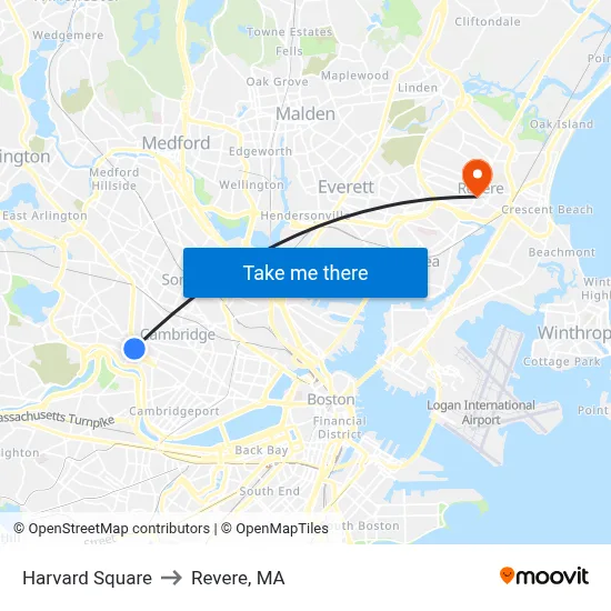 Harvard Square to Revere, MA map