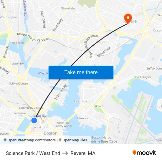 Science Park / West End to Revere, MA map